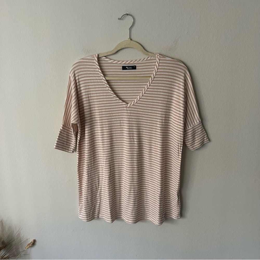 Revolve Michael Lauren Striped Ribbed 3/4 Sleeve Tee in White and Tan XS